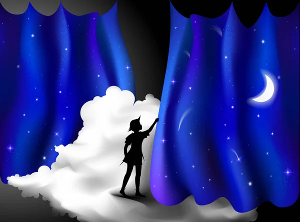 Peter Pan historia, Chico de pie en la nube detrás de la cortina azul noche, noche de hadas, Peter Pan , — Vector de stock