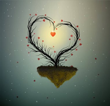 aile ev fikir, sihirli ağaç bahar aşk, kalp ile yuva ile ağaç ve iki beyaz kuşlar içinde tatlı ev, birlikte sonsuza kadar,