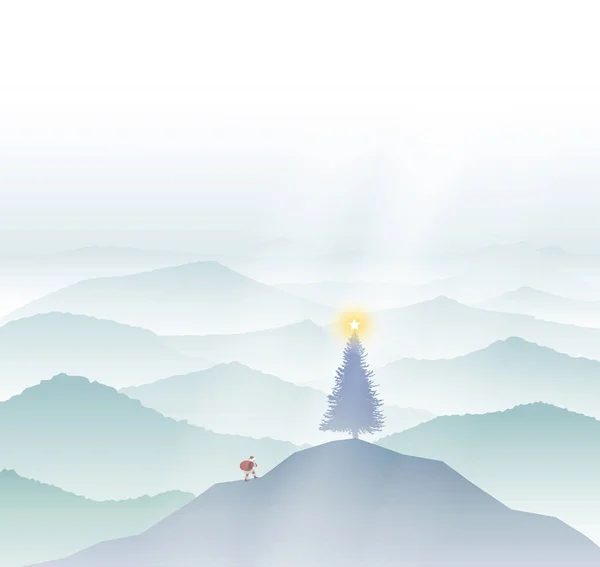 Santa s largo camino, tranquilas colinas con árbol de Navidad en la parte superior y Santa subiendo , — Vector de stock