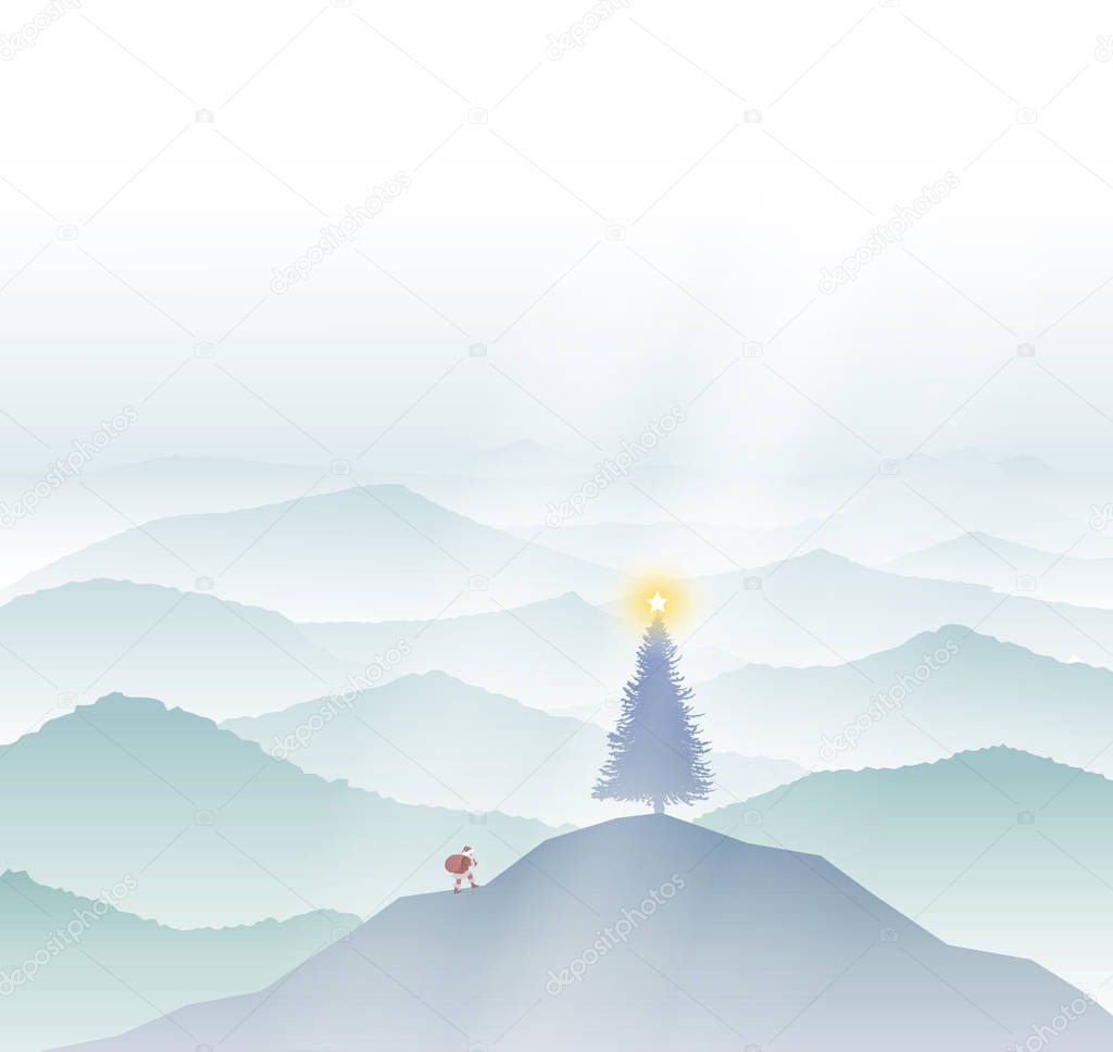Santa s long way, Tranquil hills with Christmas tree on the top and Santa going up,