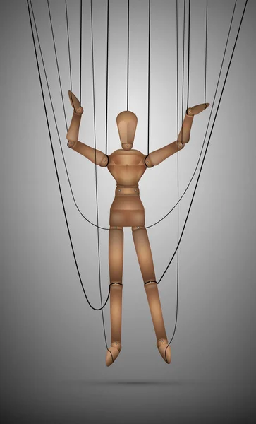 Depression skick koncept, realistiska trä marionett hängande, — Stock vektor
