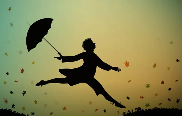 Young men jumps and holding the umbrella, autumn rush time, jumping for joy, — Stock Vector