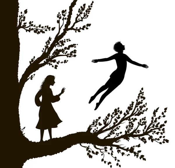 Мальчик и девочка на большом дереве, дерево детства, детская память, путь в страну чудес , — стоковый вектор