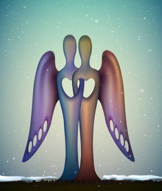 aşk, birlikte sonsuza kadar fütüristik melekler simgesi, çağdaş sanat Noel heykel, Hıristiyanlık sembolü iki melek,