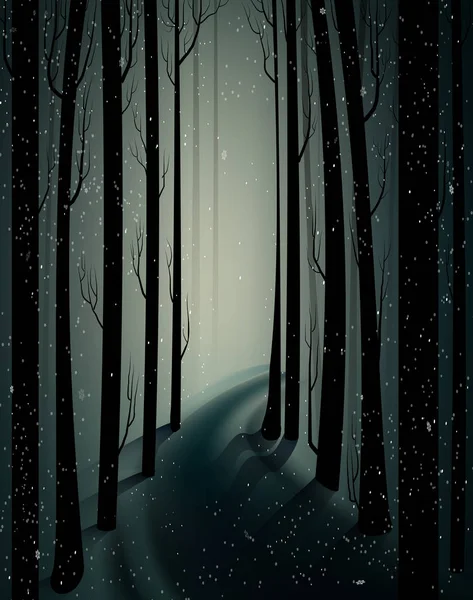 Diepe fairy ijzig winter bos met mistery licht, schaduwen, nors winter bos, bang koude frosty bos, — Stockvector