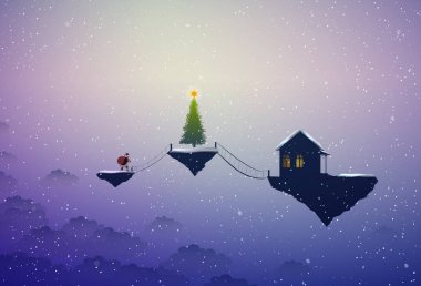 Tatil hayal, hayal, Santa Santa büyük Noel ağacı ve ev için rock, göklerin Noel'de uçmayı gider,