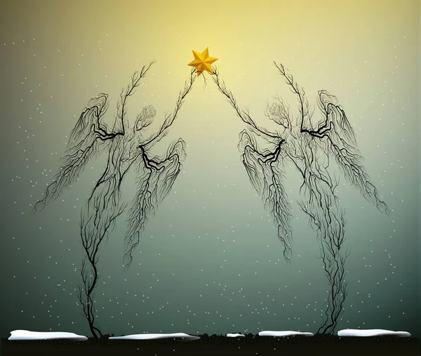 Deux silhouettes d'arbre comme un ange tenant l'étoile rouge de Noël par temps de neige, concept d'icône de Noël, les gens aiment la plante , — Image vectorielle