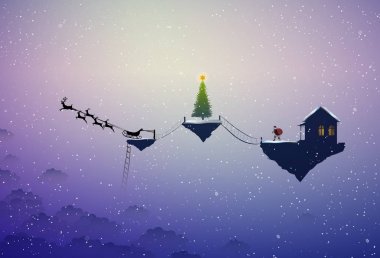 Noel Baba evi, Noel Baba evinden, göklerin, Santa sahne Noel'de geyikler ile kızak gider,