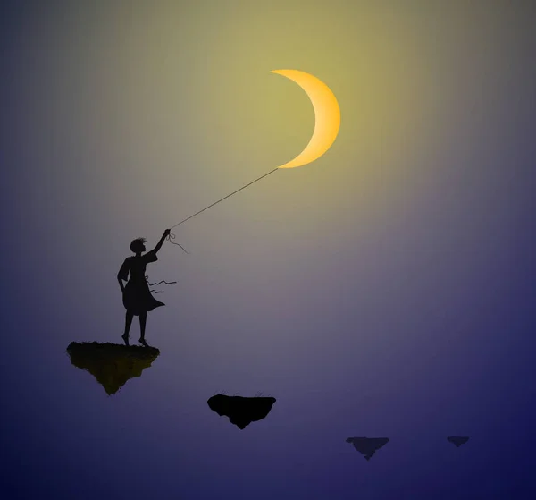 Chica con la luna blanca de pie sobre la roca voladora, mantenga la luna en el cielo, la vida en la roca voladora, las sombras , — Vector de stock