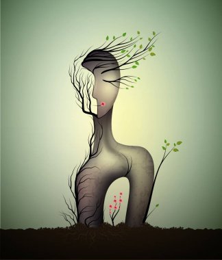 kadın ruh, gerçeküstü kadın heykeli, kadın şekli soyut fikir kırmızı gül içinde büyüyen, Bahar rüya simgesi kavramı, Sürrealizm ile,