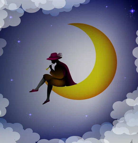 Σιλουέτα αγόρι κάθεται στο φεγγάρι και να παίζει τρομπέτα, ονειροπόλος, σκιές, — Διανυσματικό Αρχείο