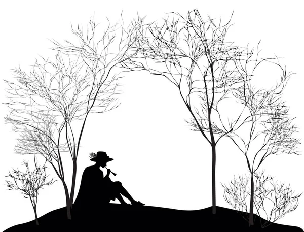 Frühlingsmelodie, Silhouette des Jungen, der auf dem Hügelrasen sitzt und auf Schilfrohr spielt, schwarz-weiß, — Stockvektor