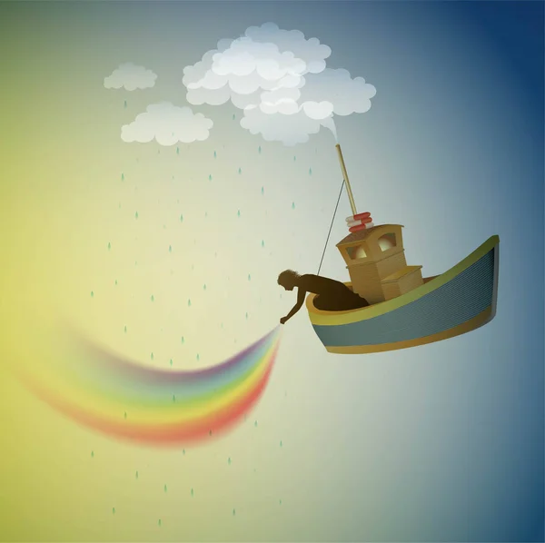 Rainbow keeper, pu o arco-íris no céu, navio mágico na terra dos sonhos, cena do país das maravilhas , — Vetor de Stock