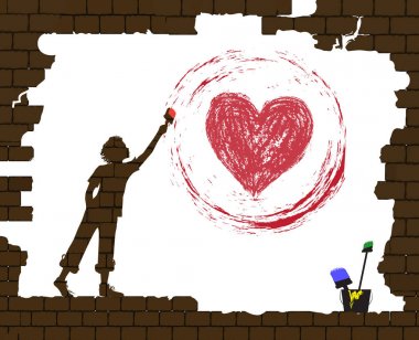 çocuk kırmızı bir kalp tarafından boya eski kırık tuğla duvar, savaş, sonra felaket fikir, yeni hayat koruduktan sonra sokak çocukları fikir grafiti hayat çizer,
