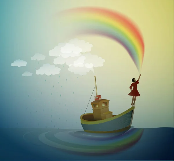 stock vector girl holding the rainbow and standing on the top of the boat, magic ship in the dreamland, scene from wonderland,