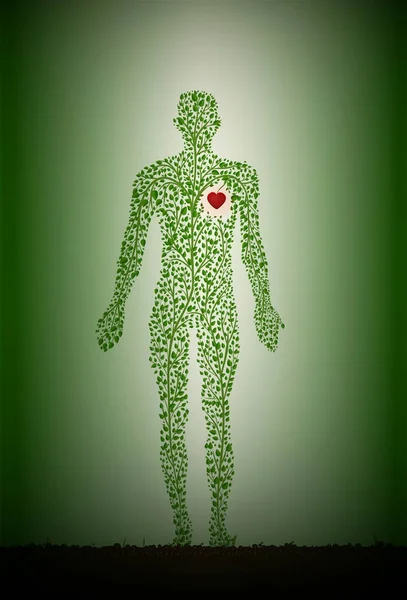 ısı, yeşil kalp hastalığı tıp, Homeopati, kırmızı kalpli küçük yeşil yaprakları ile adam siluet kurmak için yeşil tıp kavramı