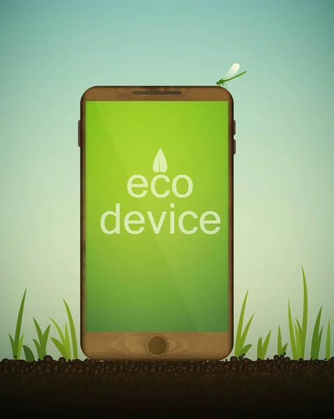 Smartphone in legno su terreno tra l'erba, mobile dai materiali riciclati, concetto di materiale ecologico, idea eco devive , — Vettoriale Stock