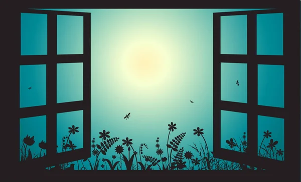 Otwórz okno w wcześnie rano lato ogród, Słońce wschodzi, — Wektor stockowy