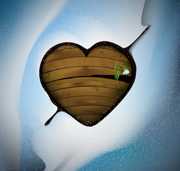 První láska koncept, jarní Romantický nápad, dřevěné srdce s výhonek Sněženka květ uvnitř, — Stockový vektor