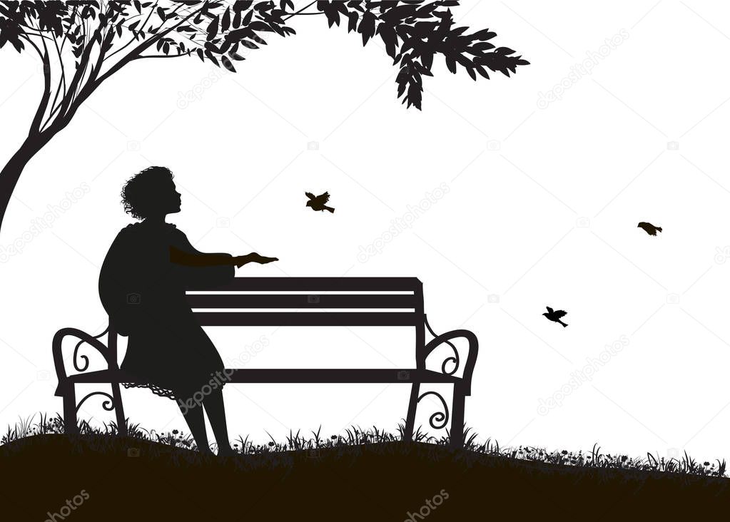 girl sitting on the bench under the tree and feed sparrows, shadows, silhouette on white background