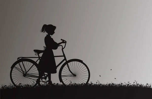 Menina com bicicleta no campo com grama e flor, memórias de infância , —  Vetores de Stock