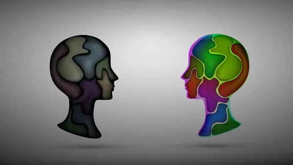 Konsep pikiran positif dan negatif, dua profil pria dengan bentuk berwarna di dalamnya, konsep kepuasan dan ketidakpuasan , - Stok Vektor