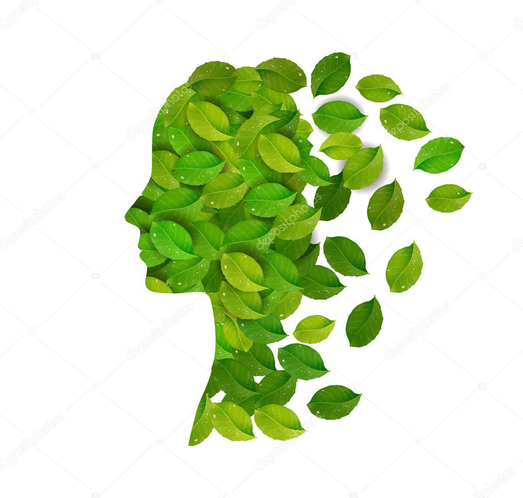 rejuvenale the face skin concept, woman profile created from the fresh green leaves on the white background, fresh day idea, think green concept,