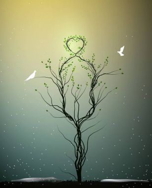 sihirli ağaç bahar aşk, kalp obove ağacıyla ve iki beyaz kuşlar uçuyor, aşk gizli ağaç,