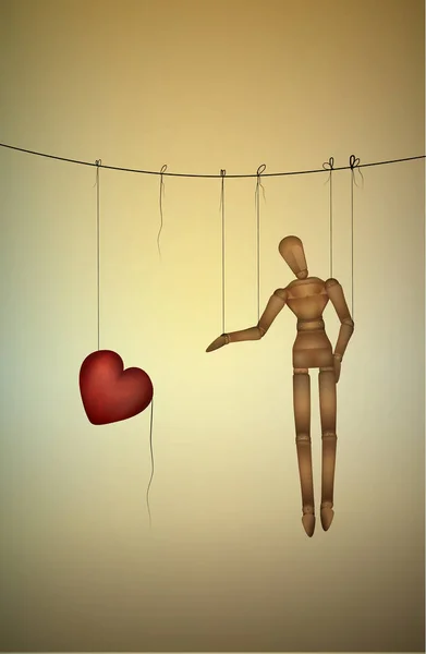 Brauchen Liebe Konzept, Marionette versucht, ein großes Herz zu nehmen, Marionette Life-Serie, — Stockvektor