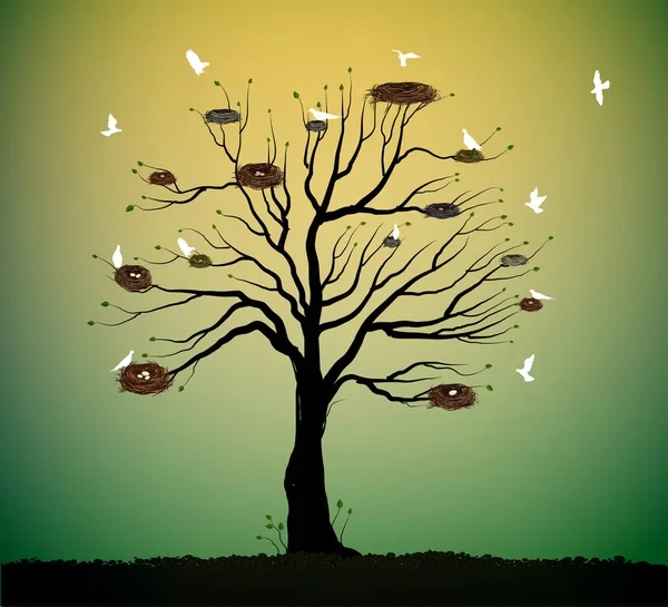 Big tree with many nests and flock of white birds flying, return to the nature home idea, spring nesting, — Stock Vector