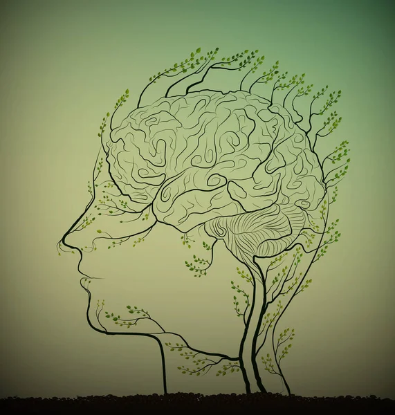 남자 뇌와 녹색, 뇌 질환, 식물 아이콘 개념에 대 한 약초 나무 처럼 보이는, — 스톡 벡터
