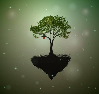 Peri ağaç, ateş böcekleri ile çevrili fairyland ağacında Kırmızı elma,