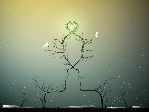 Amour réel ne change jamais, sens de l'amour, couple de personnes ressemblent à des branches d'arbre silhouettes avec coeur vert et deux pigeons en hiver froid autour, concept de mariage , — Image vectorielle