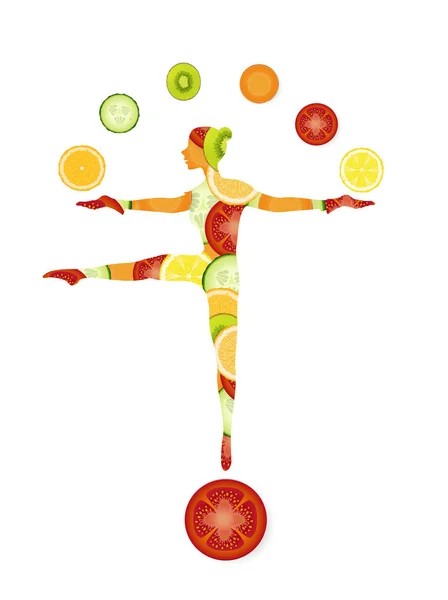 Healthy food concept, slim girl silhouette created from vegetable and fruits balancing and juggles with fruits and vegetables, healthy food idea — Stock Vector