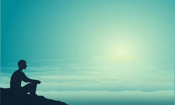 Uomo siede sulla roccia del mare guardare il sole e pensare, pensare al senso della vita, l'uomo silhouette — Vettoriale Stock