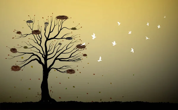 Gran árbol con muchos nidos y bandada de aves blancas vuelan, bandada de aves vuelan hacia fuera, porque el otoño viene , — Vector de stock