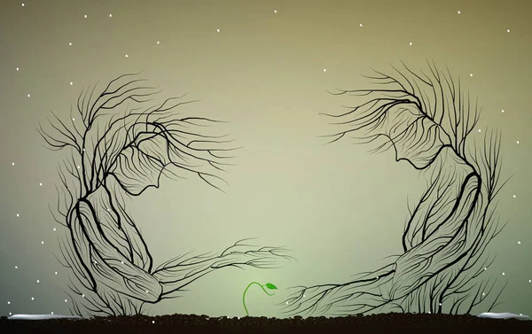 Silhouette dell'albero come una donna e un uomo prendersi cura del primo germoglio verde, genitori o concetto di famiglia, primo germoglio primaverile , — Vettoriale Stock