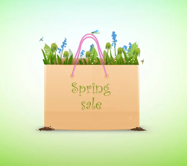 Gerçekçi paperbag çim ve çiçek ve yazıt "Bahar satışa" yumuşak yeşil arka plan dolu — Stok Vektör