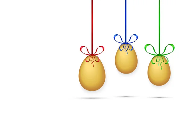 Three eggs hanging on colored ribbons on white background, vector — Stock Vector