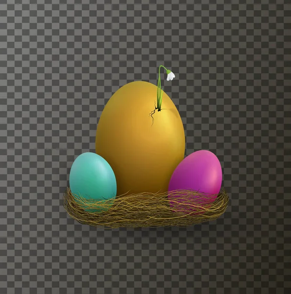 Concepto de vacaciones de Pascua, idea de inicio de primavera, composición de Pascua con huevos y flores de caparazón de nieve brotando de cáscara de huevo aislada — Vector de stock