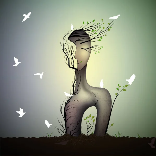 Lente boom ziet eruit als vrouw met witte vogel, slapen droom sculptuur met witte duiven, surrealistische boom s droom, — Stockvector