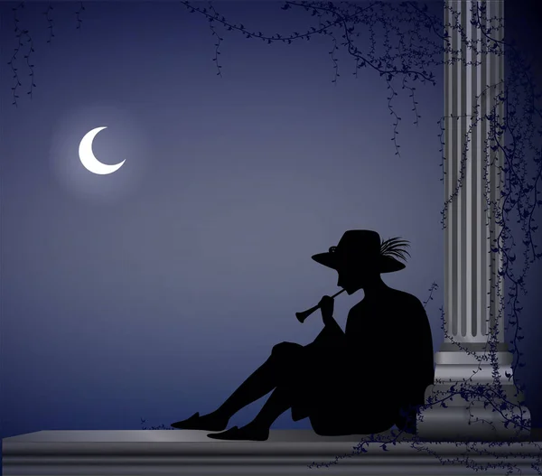 Niño o joven con sombrero sentarse cerca de la columna y tocar la trompeta bajo la luz de la luna, fecha solitaria, melodía de noche, melodía romántica jugador de noche, escena, sombra , — Vector de stock