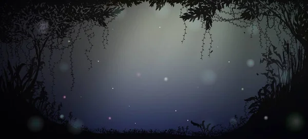 Silhouette profonde de forêt de fées la nuit avec clair de lune et lucioles , — Image vectorielle