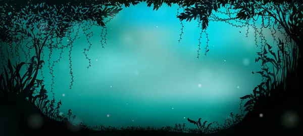 Βαθύ δάσος νεράιδα σιλουέτα τη νύχτα, πυγολαμπίδες στο δάσος του καλοκαιριού, — Διανυσματικό Αρχείο