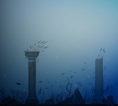 sütunlar, balıklar, yosun ve kabarcıklar, Atlantis gizli antik kalıntıları ile sualtı manzara,