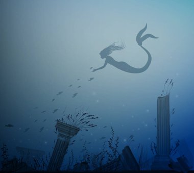 Deniz kızı ile balıklar ve deniz altındaki sütun, Andersen fairytale,