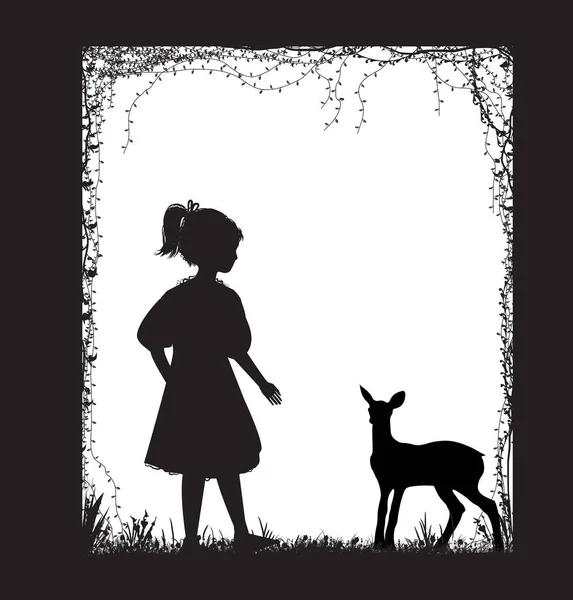 Fille et petit cerf silhouette, histoire de forêt, noir et blanc, souvenirs d'enfance , — Image vectorielle