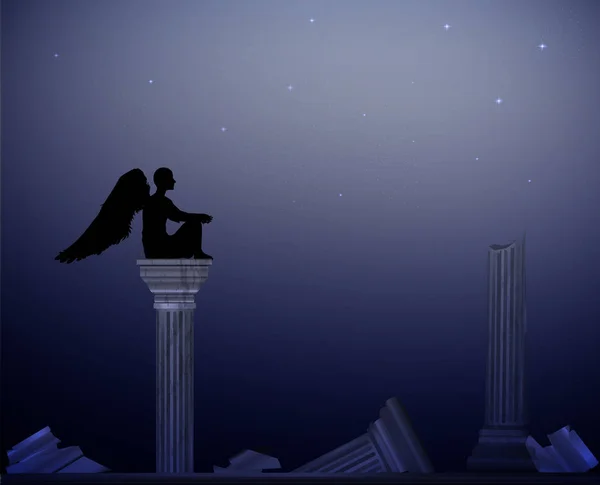 Lua noite e anjo sentar-se em ruínas de colunas de mármore, lugar secreto noite, declínio da civilização, conceito de solidão , —  Vetores de Stock