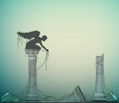 melek heykeli marple sütun kıvırcık bitkiler, ölümsüzlük Medeniyeti, bahçedeki gizli yer ile antik kalıntılar arasında,