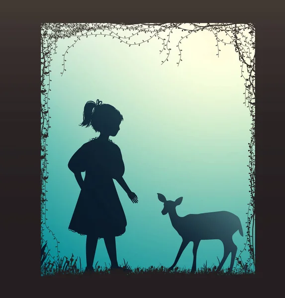 Dziewczyna i małe jelenie sylwetka, fabule Las, — Wektor stockowy